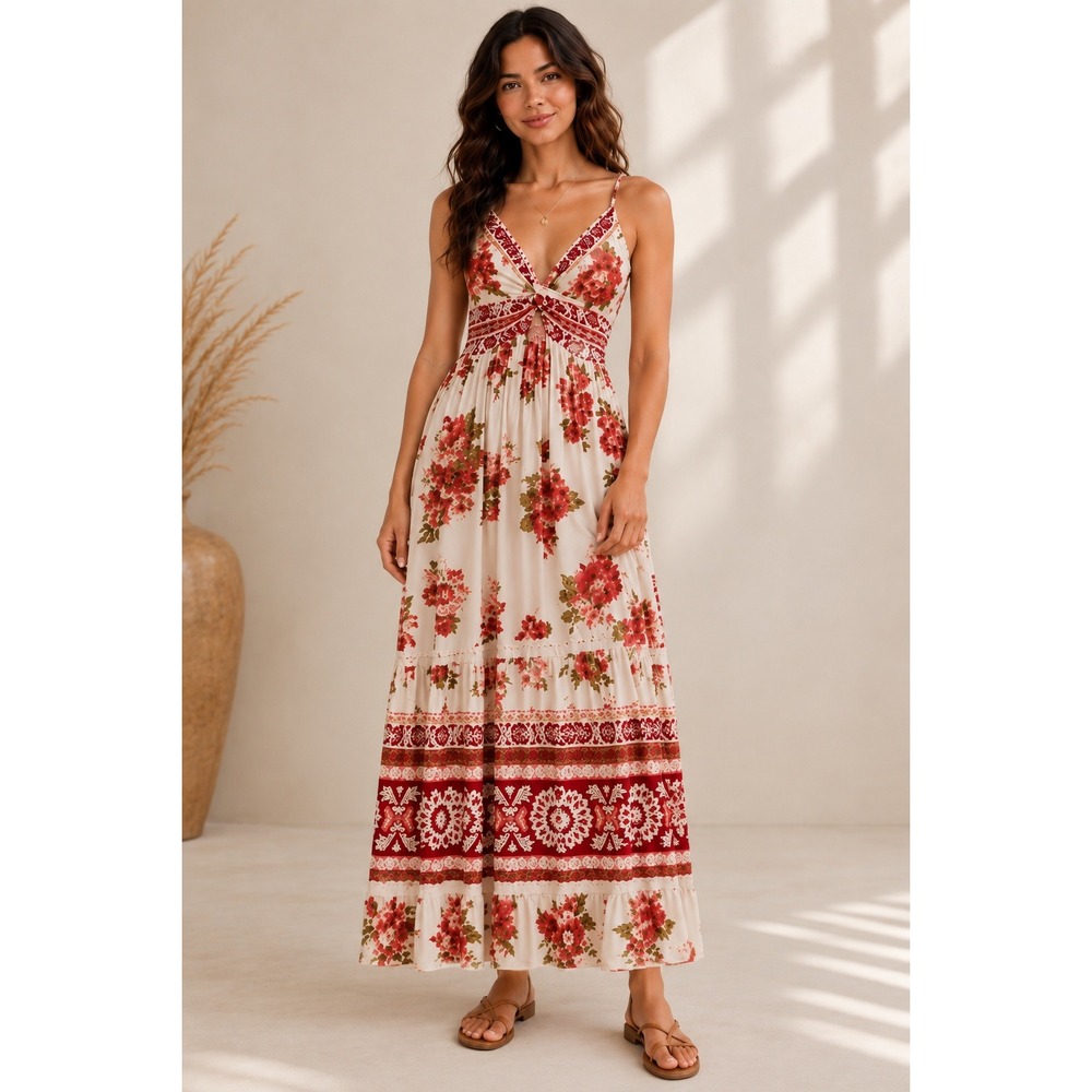 Angie Floral Boho Maxi Dress Cream Red Pink Size M V-Neck Smocked Back Rayon